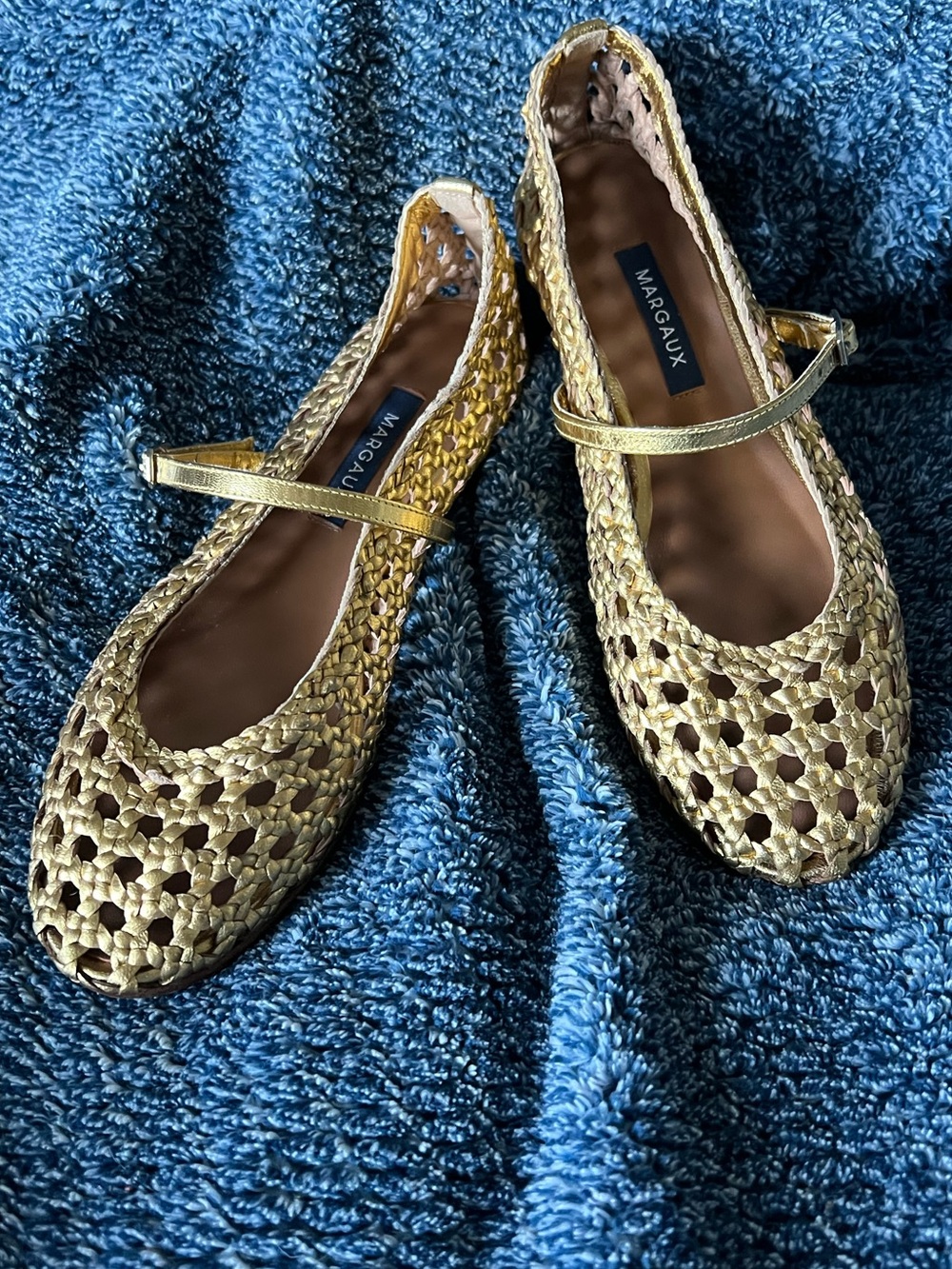 Margaux Demi Jane Woven Leather Flats Sz 36.5 6.5 M Gold Metallic Mary Jane VEUC